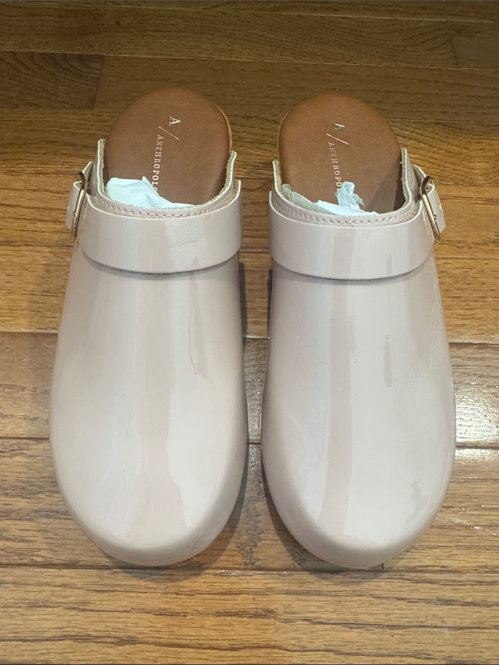Anthropologie Blush Patent Leather Buckle Clogs